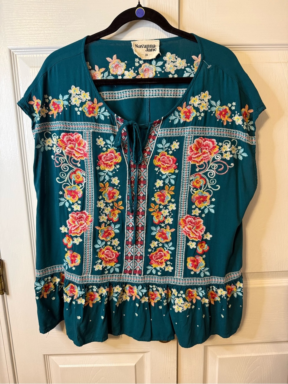 Savanna Jane Teal Floral Embroidered Tunic Top